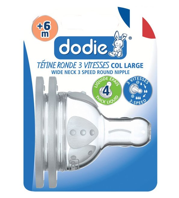 Dodie - Tétines col large (6M +) Liquide épais 3 vitesses Débit 4 (X2)