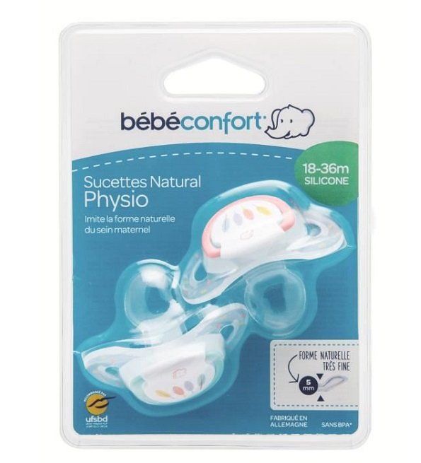 BEBE CONFORT Sucette Natural Physio 18-36 mois x2 - Silicone - Bleu & Rouge Indians
