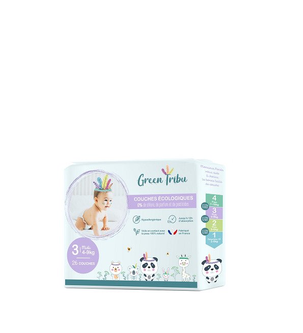 GREEN TRIBU COUCHES ÉCOLOGIQUES HYPOALLERGÉNIQUES POUR BÉBÉ TAILLE 3 (4 À 9 KG)