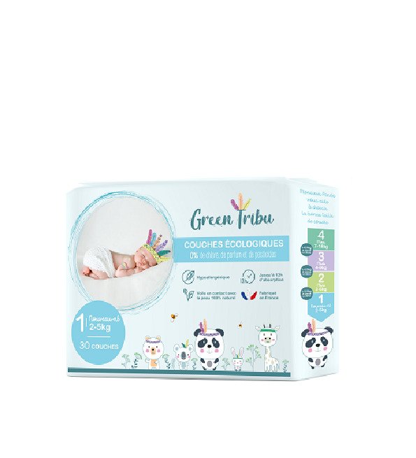 GREEN TRIBU COUCHES ÉCOLOGIQUES HYPOALLERGÉNIQUES POUR BÉBÉ TAILLE 1(2 À 5 KG)